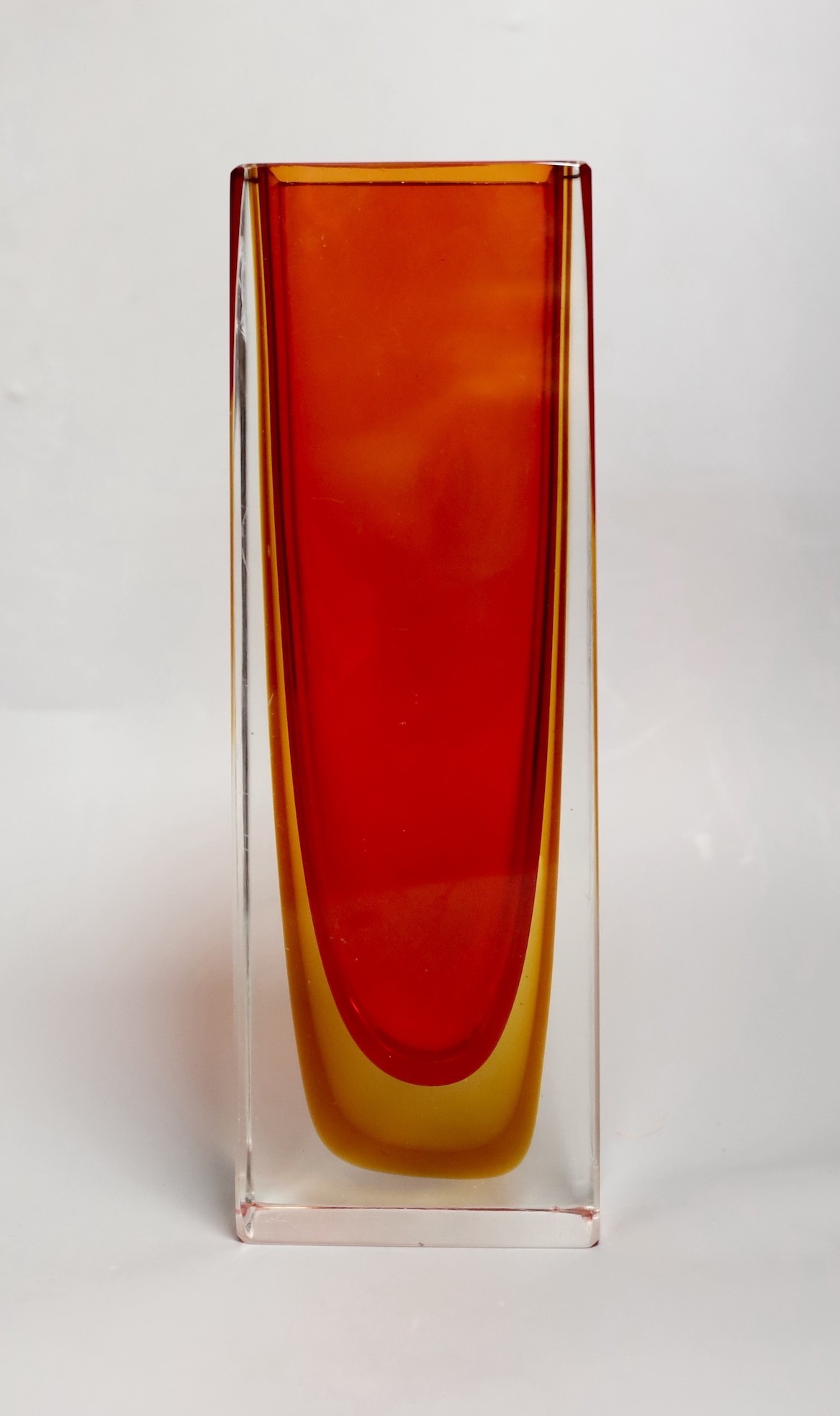 A Murano cased amber and red glass slab vase, 28cm